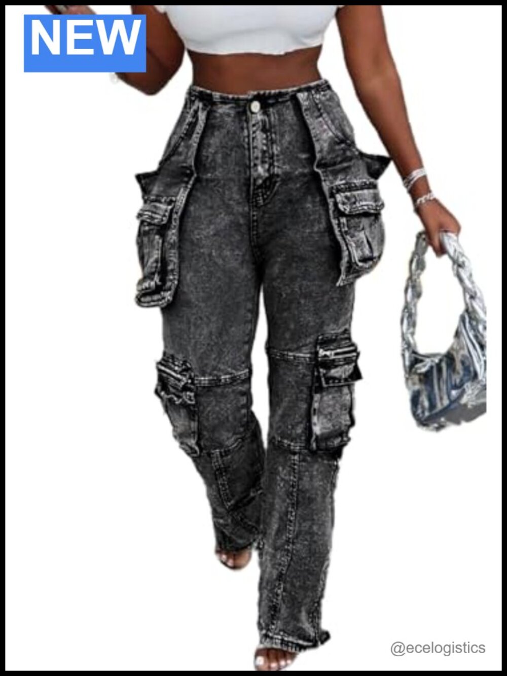 High Waisted Straight Leg Cargo Jeans Women Stretch Denim Pants
